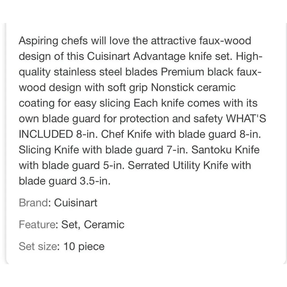 CUISINART ADVANTAGE 10PC CERAMIC COATED KNIFE SET FAUX MARBLE C55-10PBW